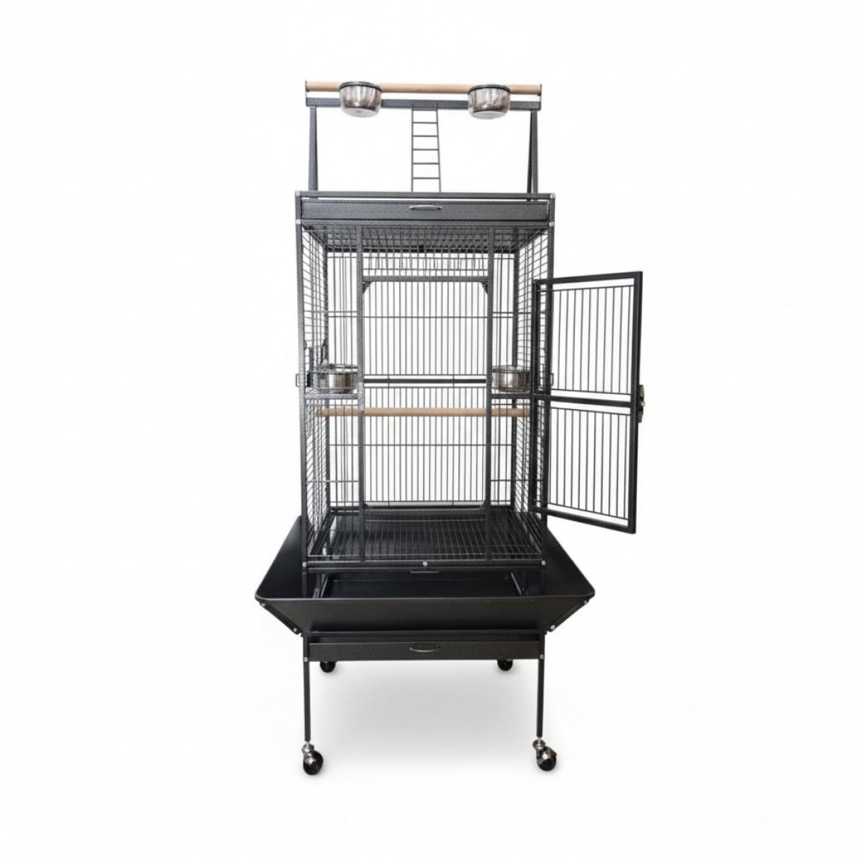 Large Black Bird Cage with Play Top & Rolling Stand (61 × 56 × 173 cm ...
